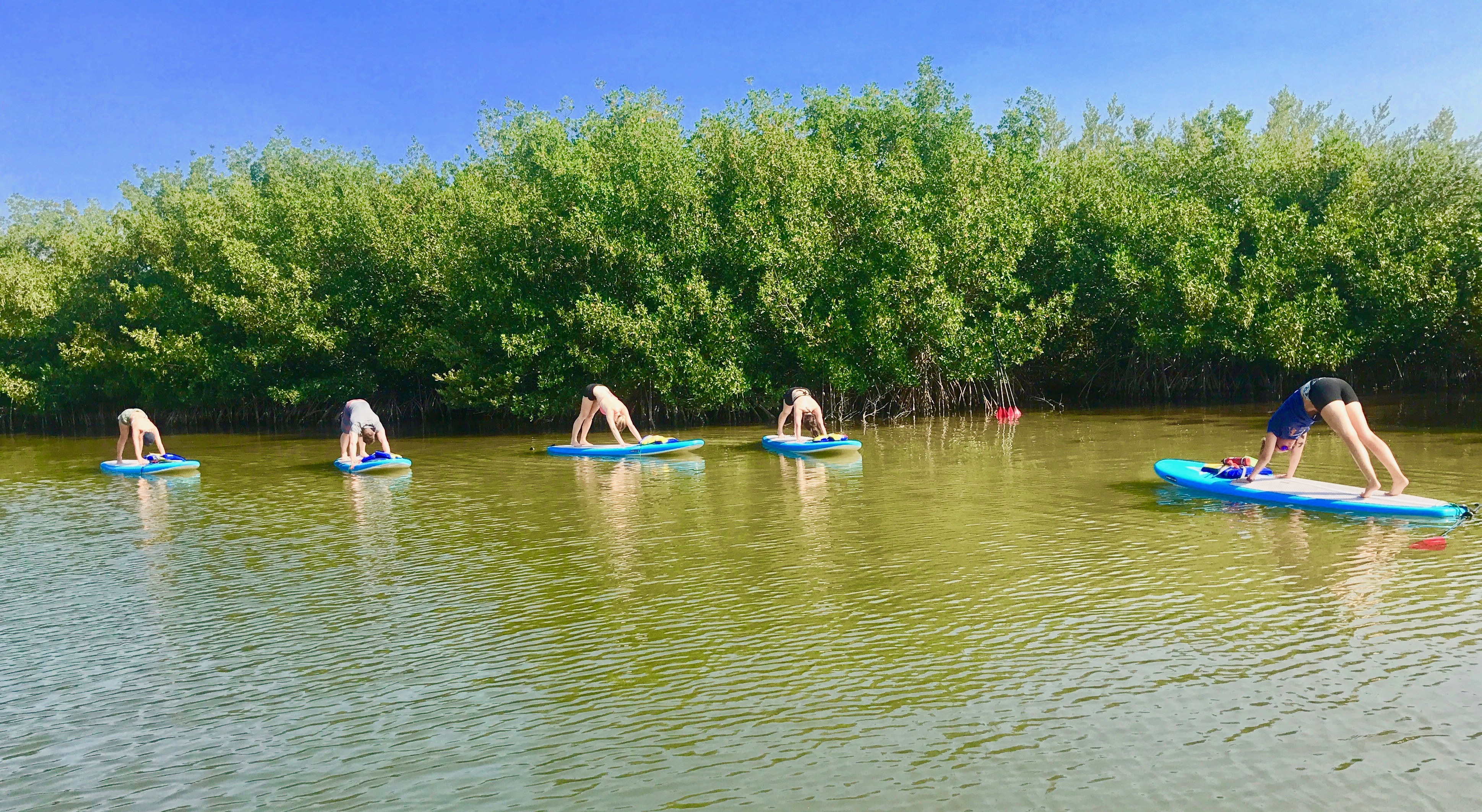 SoBe Surf and Paddle Class downward dog SoBe Surf Paddle SUP Yoga Class Paddle Board Yoga Merritt Island Cocoa Beach Florida